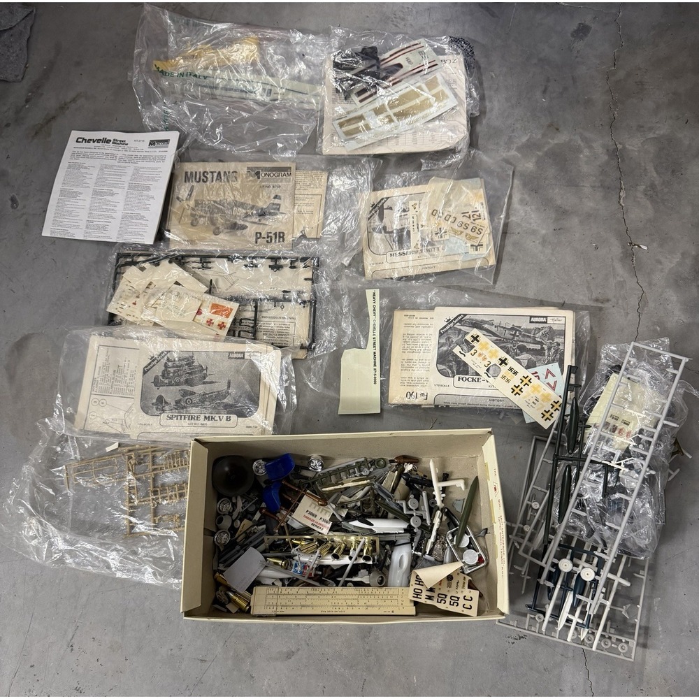 Vintage Model Kit Lot: Monogram Chevelle & Mustang P-51B + Aurora Parts Box
